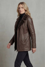 Brown leather jacket for women, side view showing the tailored silhouette