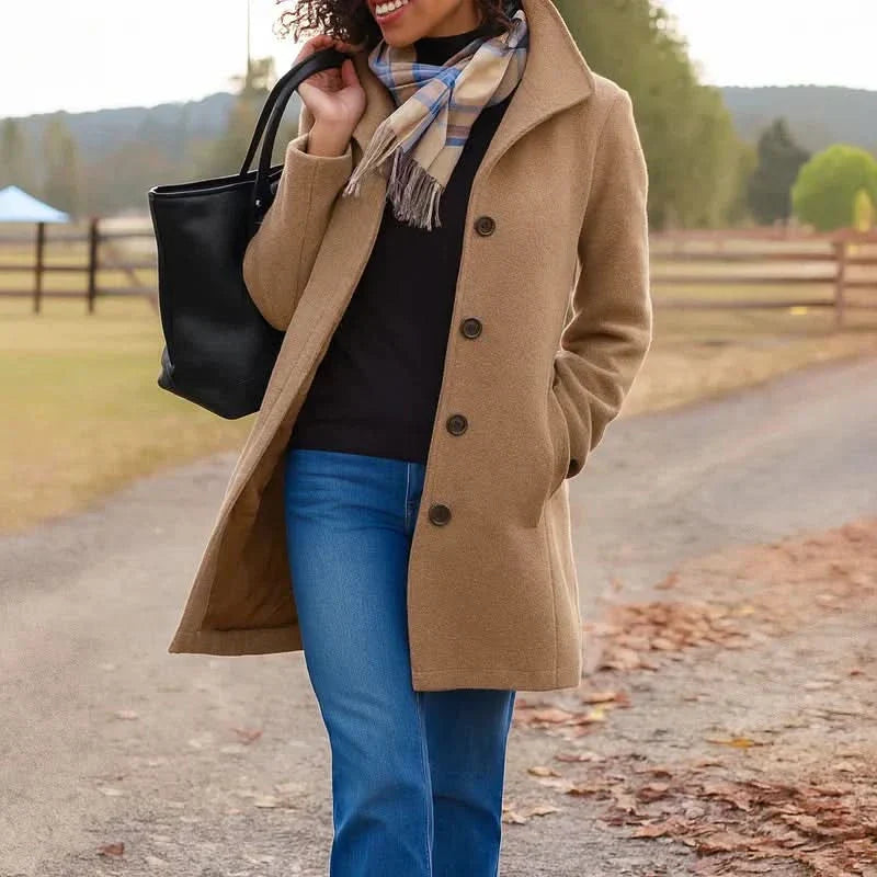 Wool Blend Pea Coat for Women in Brown