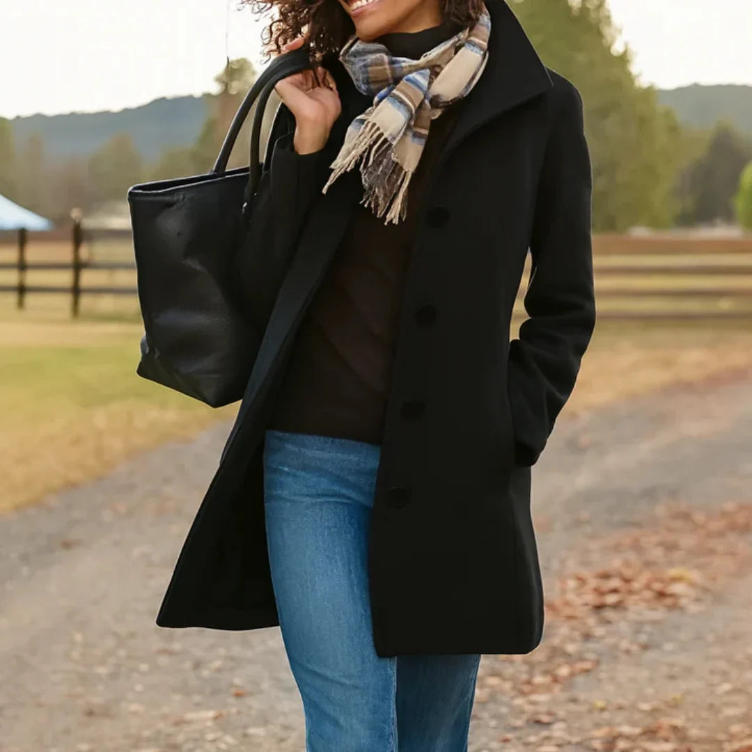 Wool Blend Pea Coat for Women in Black