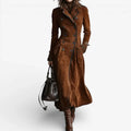 Brown suede trench coat for women, front view with the double breasted front buttoned