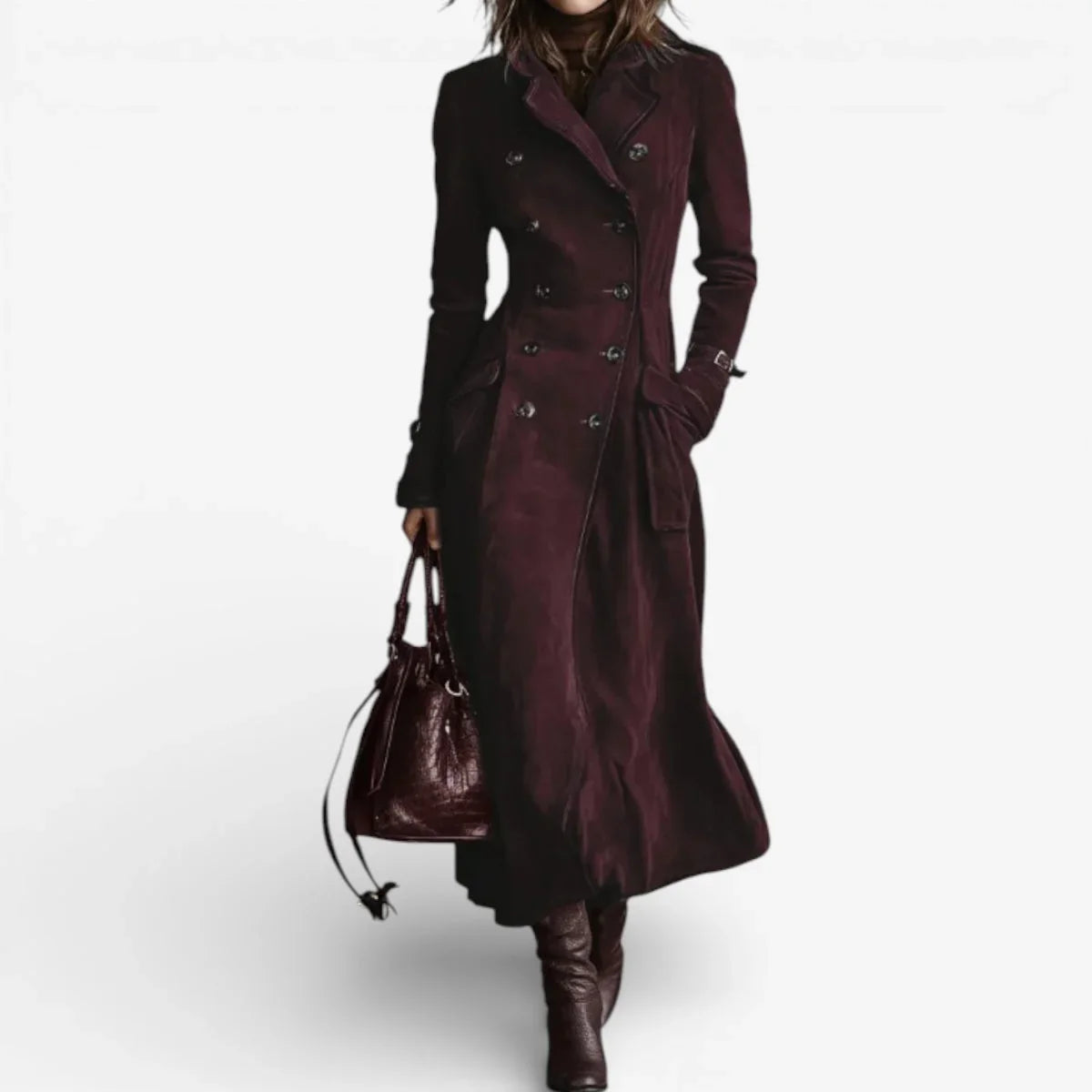 Purple suede trench coat for women, front view showing the notched lapel