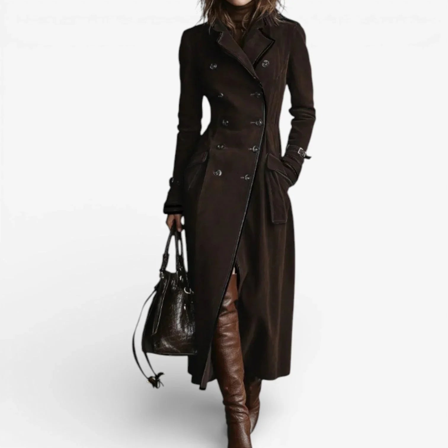Black suede trench coat for women, front view with flap hip pockets and cuff straps