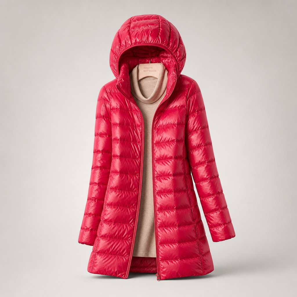 Pink hooded down jacket seen from the front