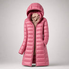 Light pink puffer jacket shown from a three quarter angle