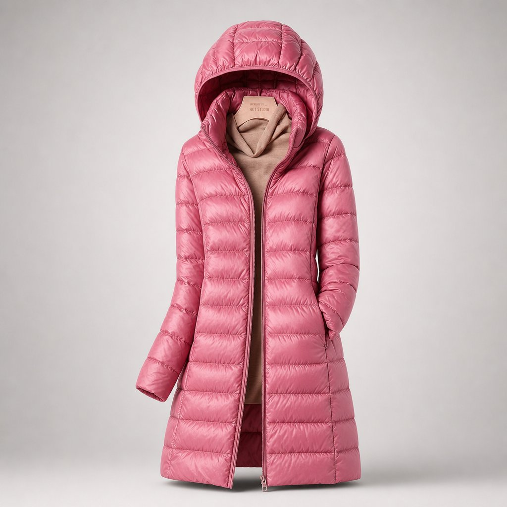 Light pink puffer jacket shown from a three quarter angle