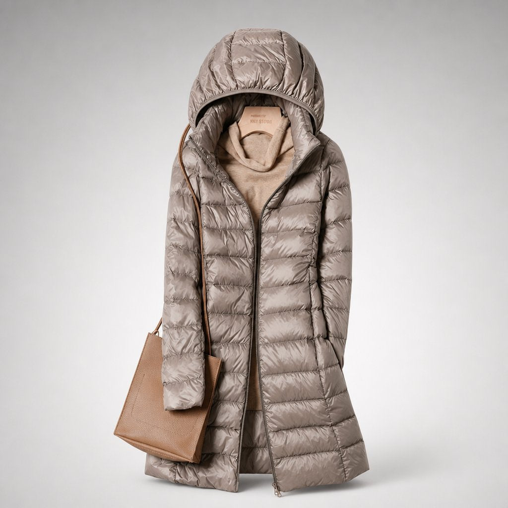 Khaki down jacket viewed from behind showing the hood