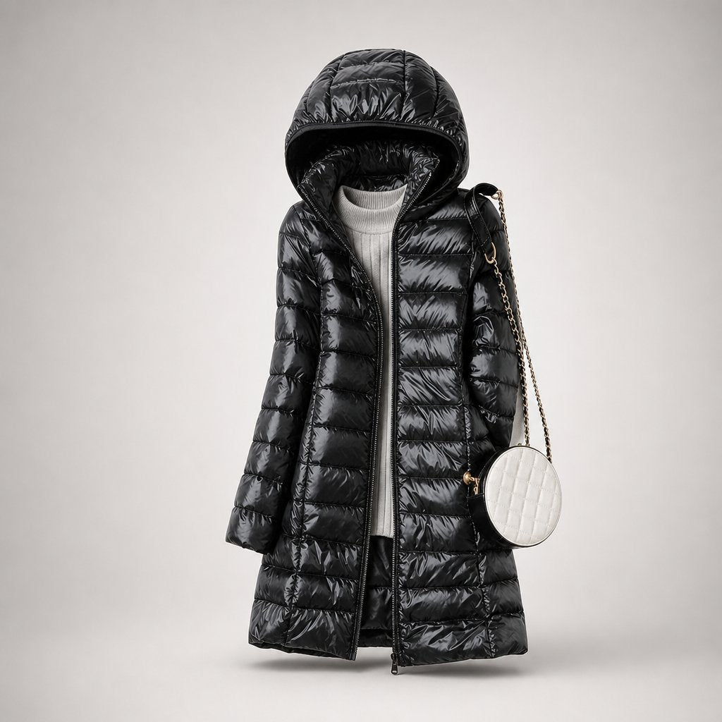 Black puffer jacket close up on the zip and quilted panels