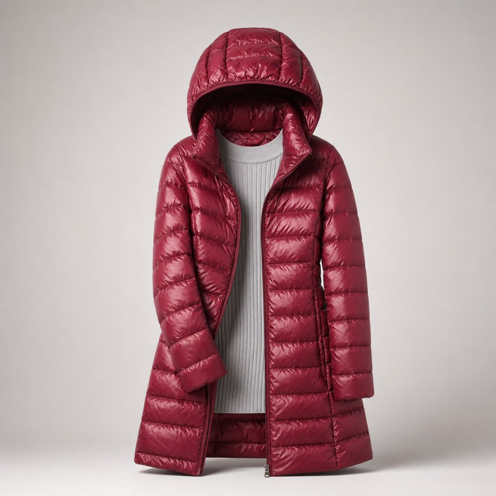 Red puffer jacket shown full length on a model