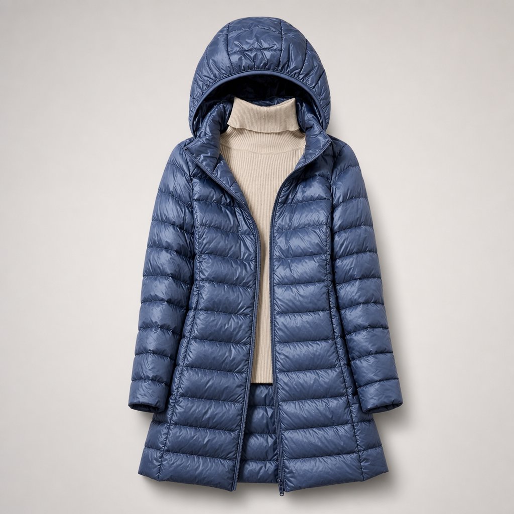 Blue down jacket worn outdoors with the hood up