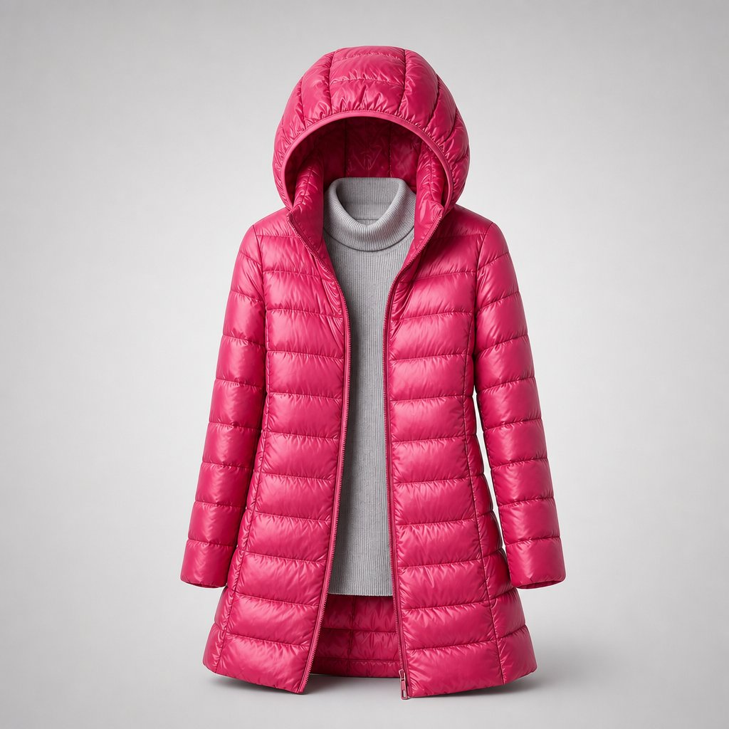 Dark pink hooded puffer jacket photographed at an angle