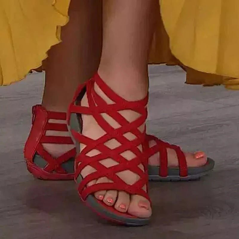 Close view of the ankle strap buckle on the gladiator sandal
