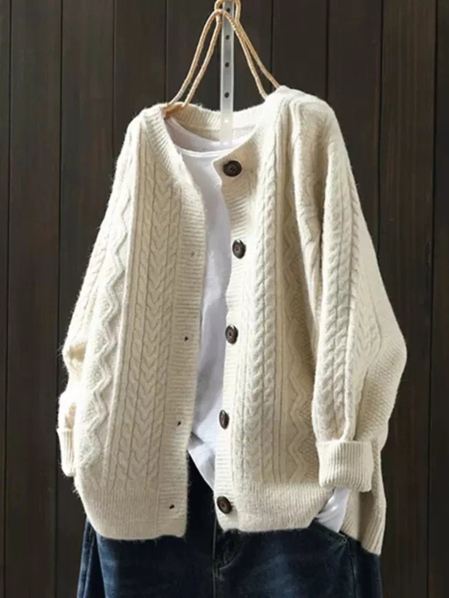 Oversized Cable Knit Cardigan Sweater for Women in Beige