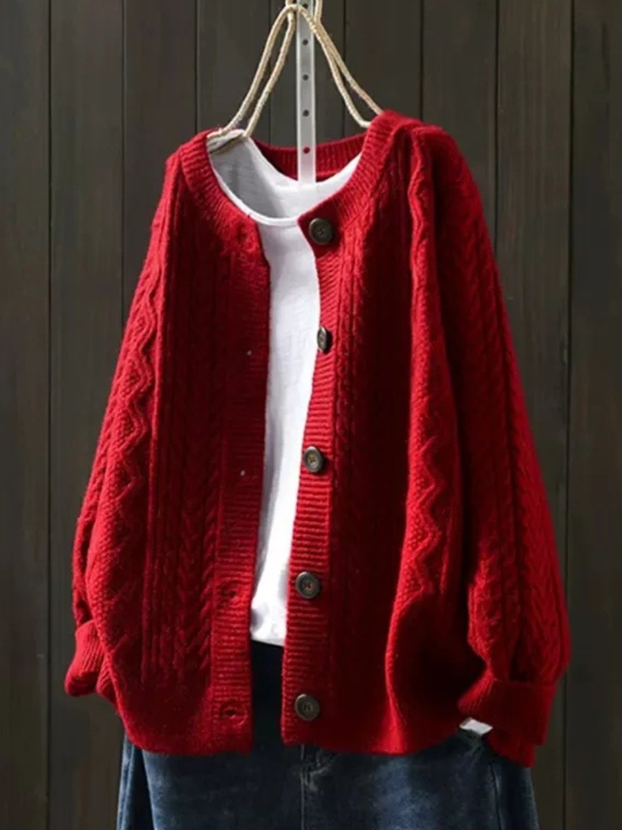 Oversized Cable Knit Cardigan Sweater for Women in Red