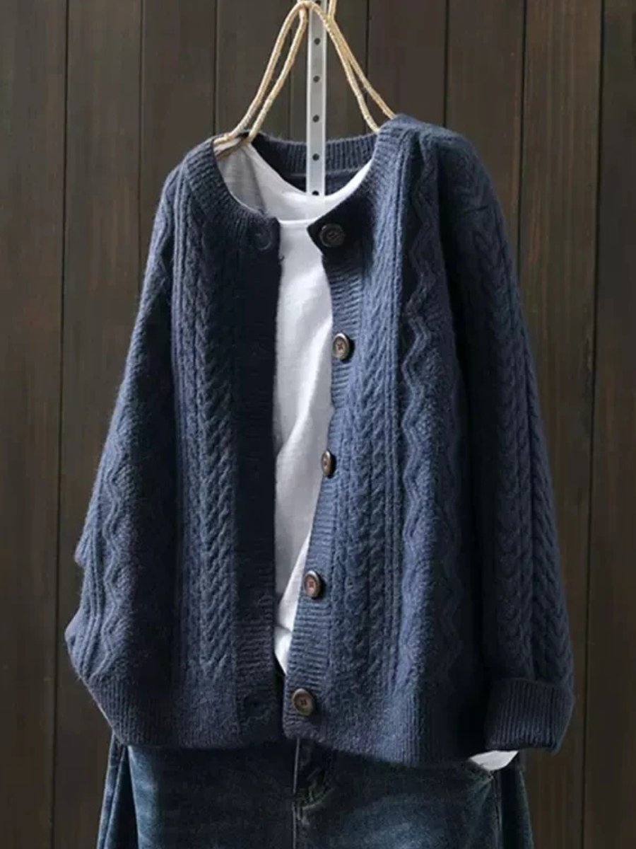 Oversized Cable Knit Cardigan Sweater for Women in Navy Blue