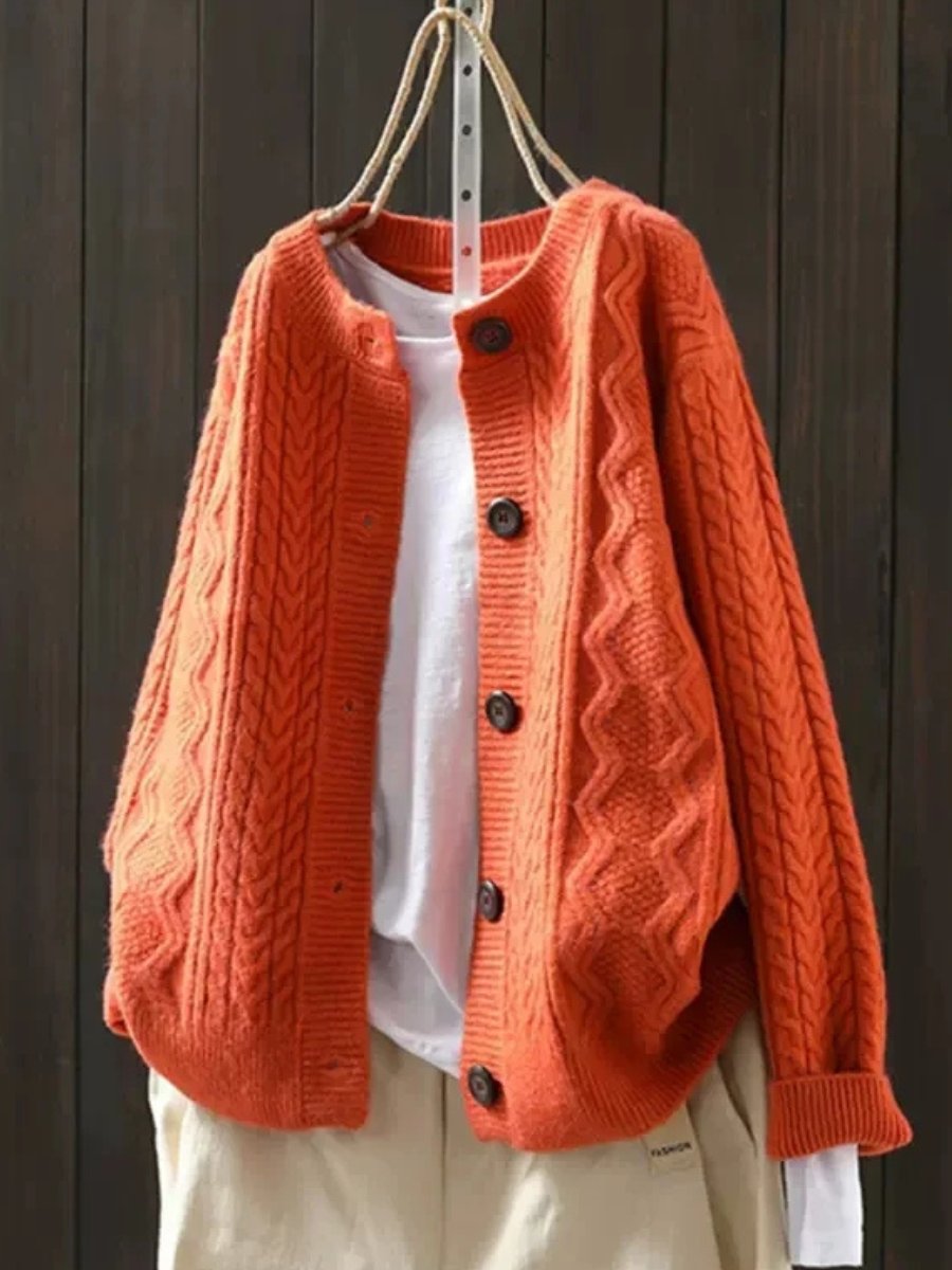 Oversized Cable Knit Cardigan Sweater for Women in Orange