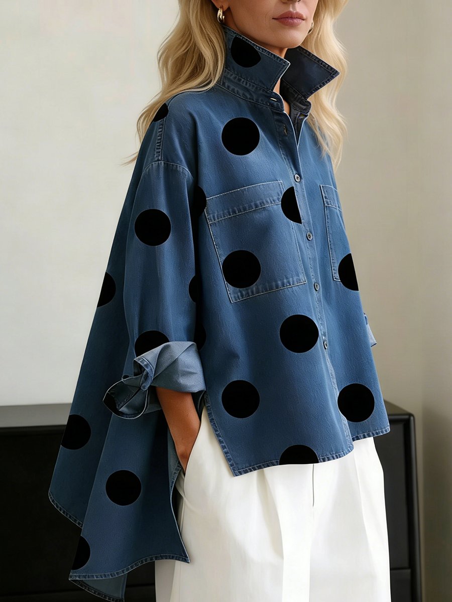 Oversized Polka Dot Denim Shirt for Women in Blue