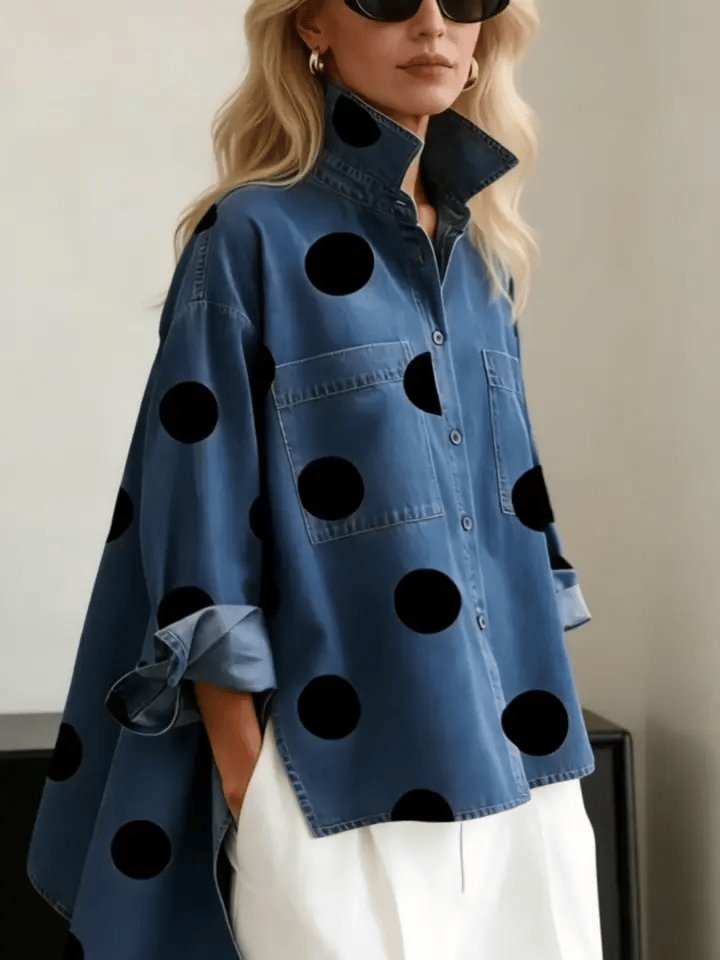 Oversized Polka Dot Denim Shirt for Women in Black