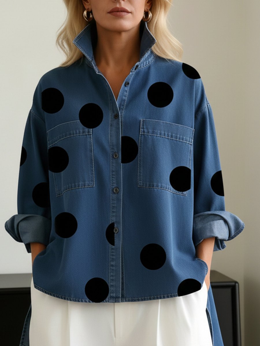 Oversized Polka Dot Denim Shirt for Women in Khaki
