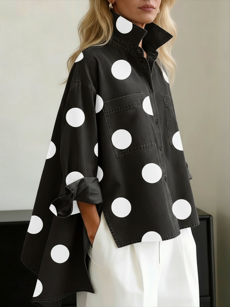 Oversized Polka Dot Denim Shirt for Women in Red