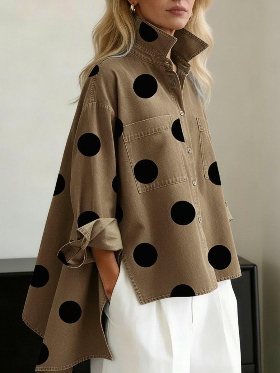 Oversized Polka Dot Denim Shirt for Women — stand collar and chest pocket detail