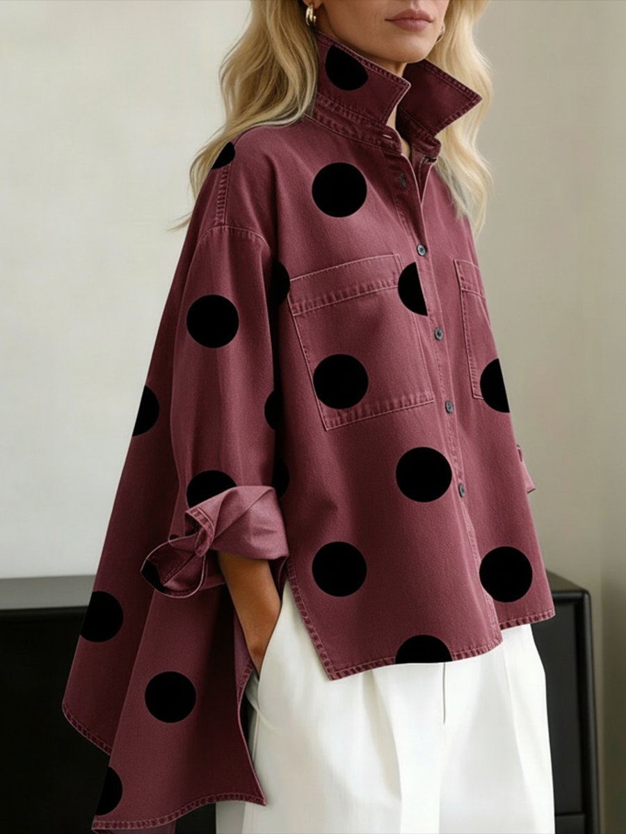 Oversized Polka Dot Denim Shirt for Women — high-low hem and styled layering view