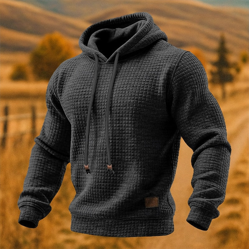 Dark gray waffle knit pullover hoodie for men, front view