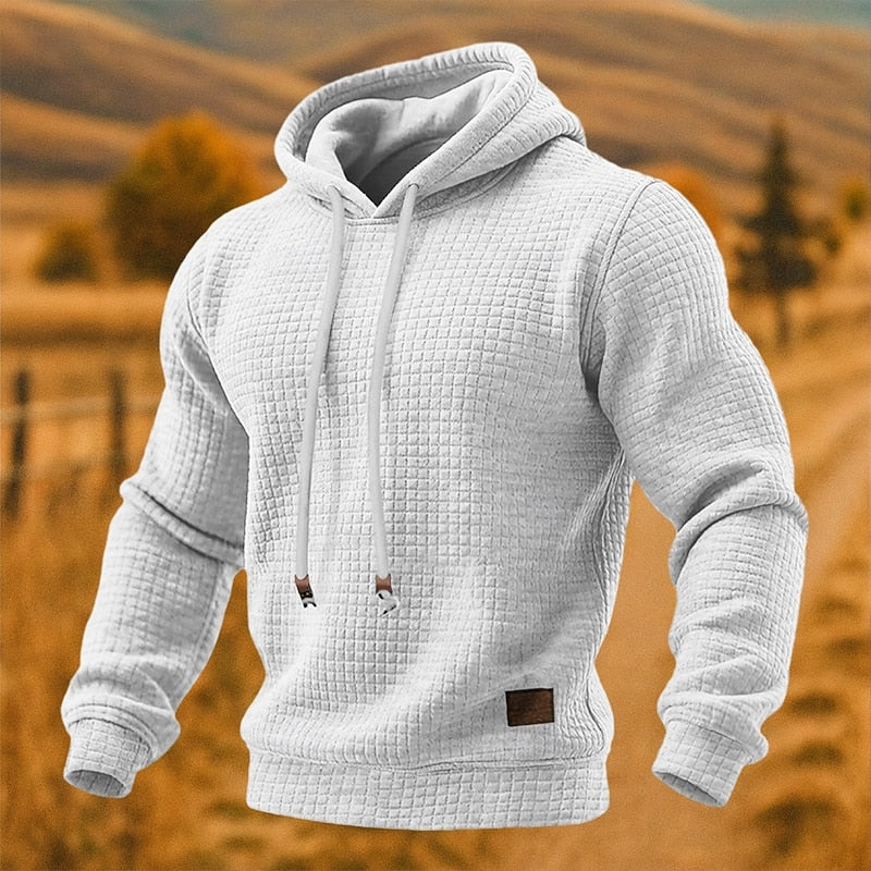 White waffle knit pullover hoodie for men, front view